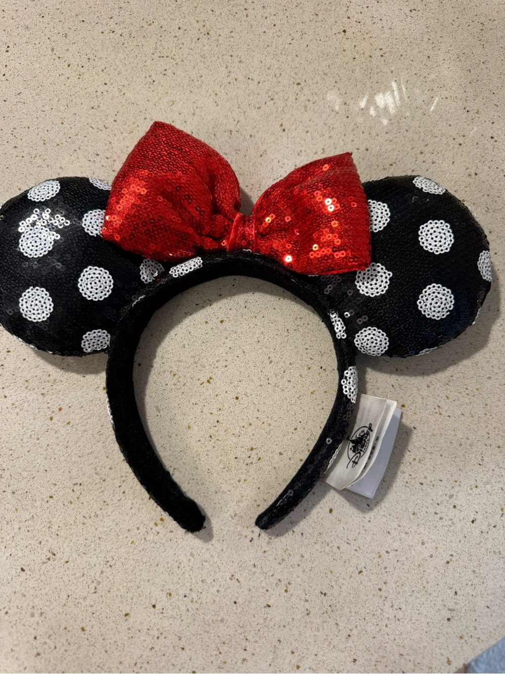 Loungefly Black Sequin Polka Dot Ear Headband with Red Bow